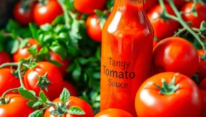 Tangy Tomato Sauce in a glass bottle with fresh tomatoes and herbs, appetizing presentation