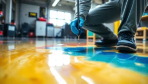 Professional applying epoxy resin Birmingham floor coating with precise tools, highlighting