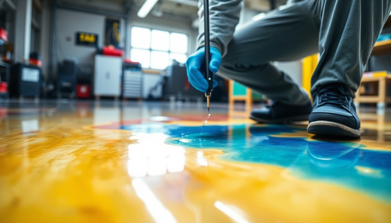 Professional applying epoxy resin Birmingham floor coating with precise tools, highlighting