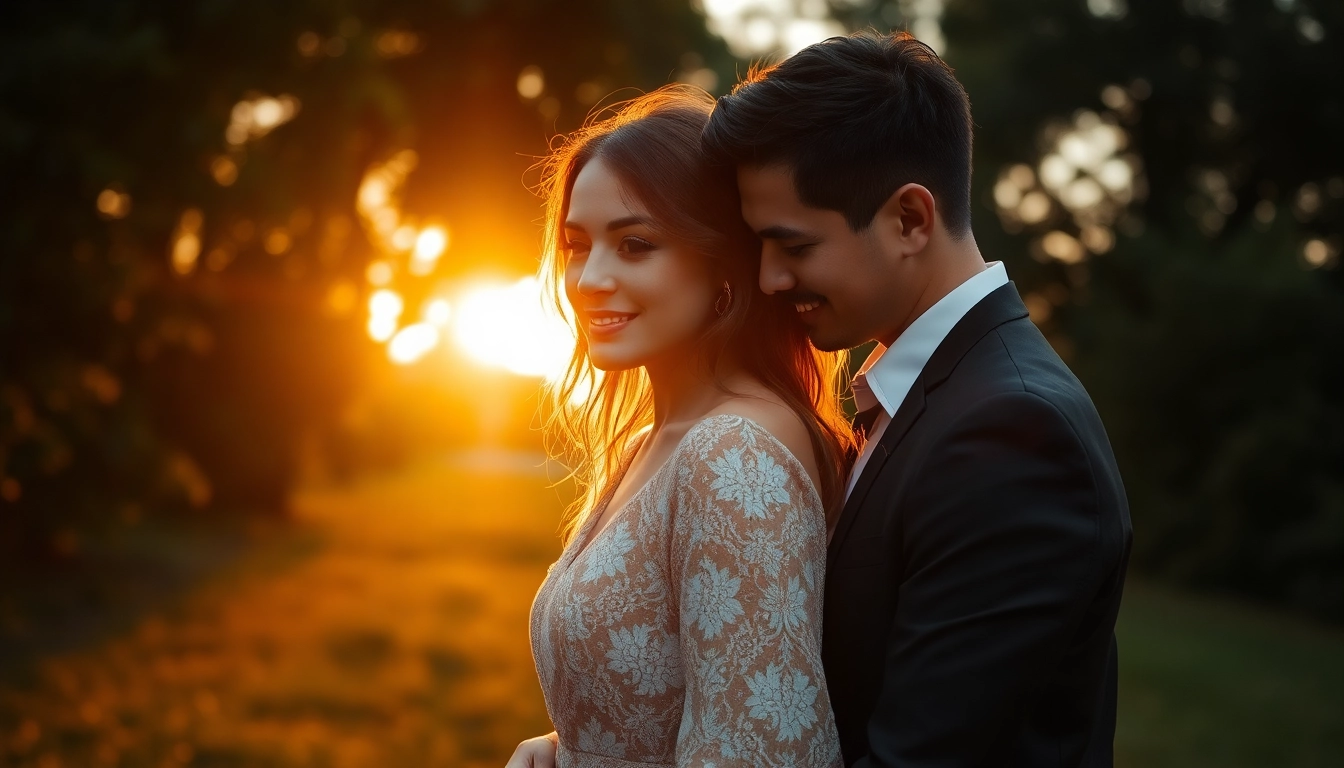 Beautiful couple engaged in eskuvoi fotozas outdoor with natural lighting capturing romantic moments
